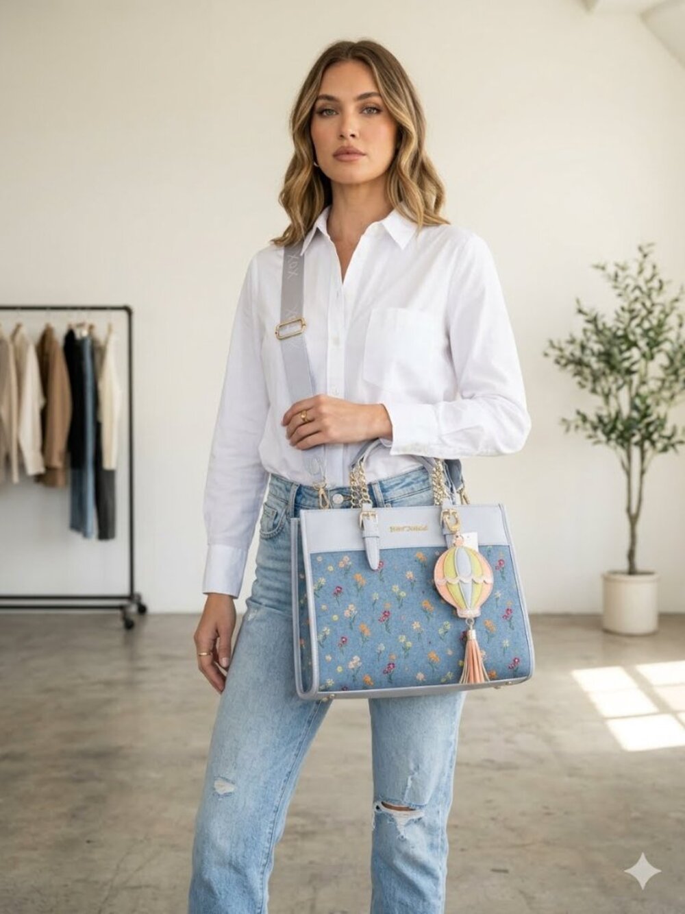 NWT Betsey Johnson Xobeca Denim Floral Satchel Crossbody Bag Hot Air Balloon